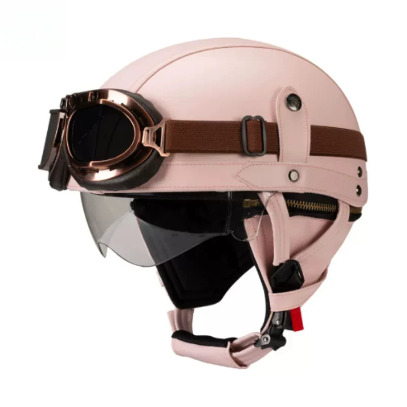 Classic Vintage Pink Leather Open Face Half Helmet Design Stylish Casco Moto Adult Male Female Motorbike Safety Helmet