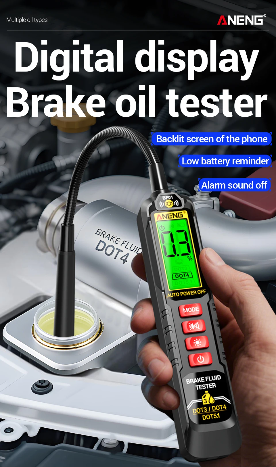 ANENG BF01 Bremsflüssigkeitstester Handgerät mit Digitalanzeige Akustischer/Sichtbarer Alarm Test RT01 Auto Digitales Relais-Detektionskit – Detail 1