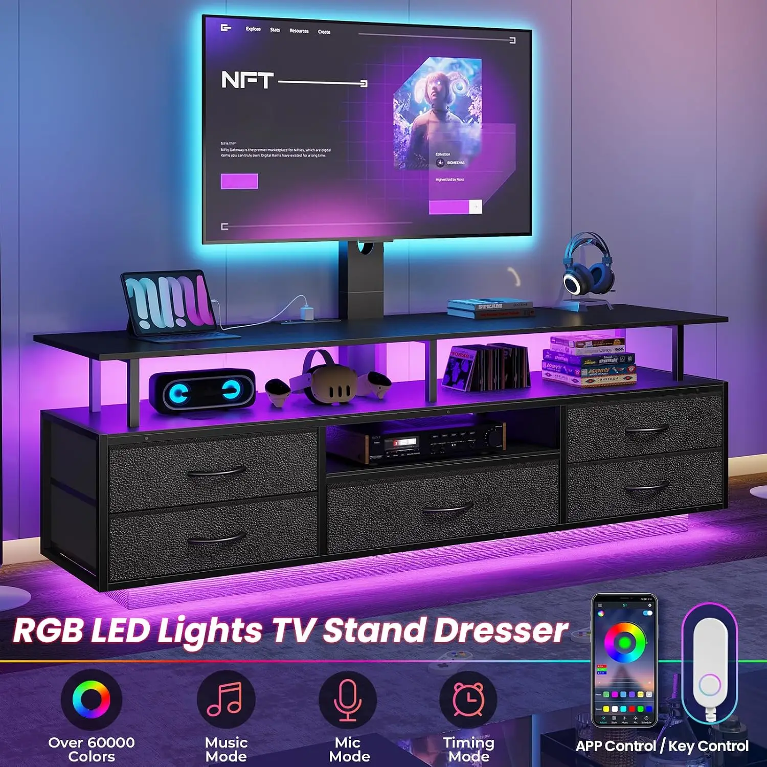 51.2" Black LED TV Stand With Mount,Power Outlet & 6 Drawers,Fits 55-70 Inch TV,Living Room Storage Console, Custom