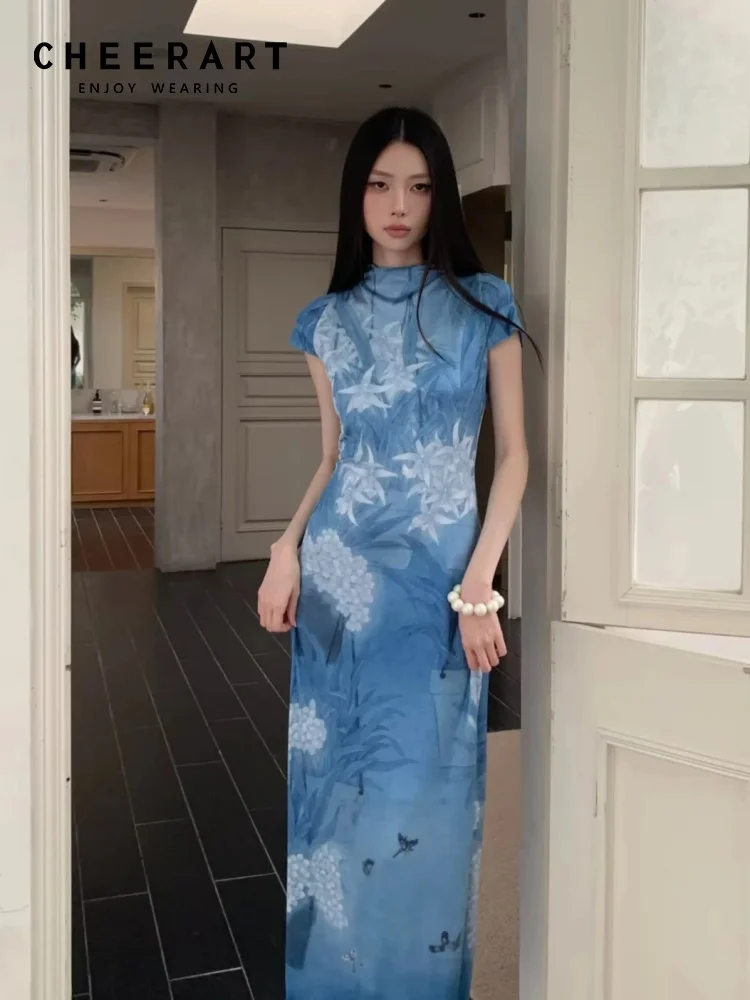 Image of CHEERART Retro Designer Orchid Floral Blue Mesh Lange Kleider für Damen Sommer Bodycon Damen Midikleid Neuankömmling 2016