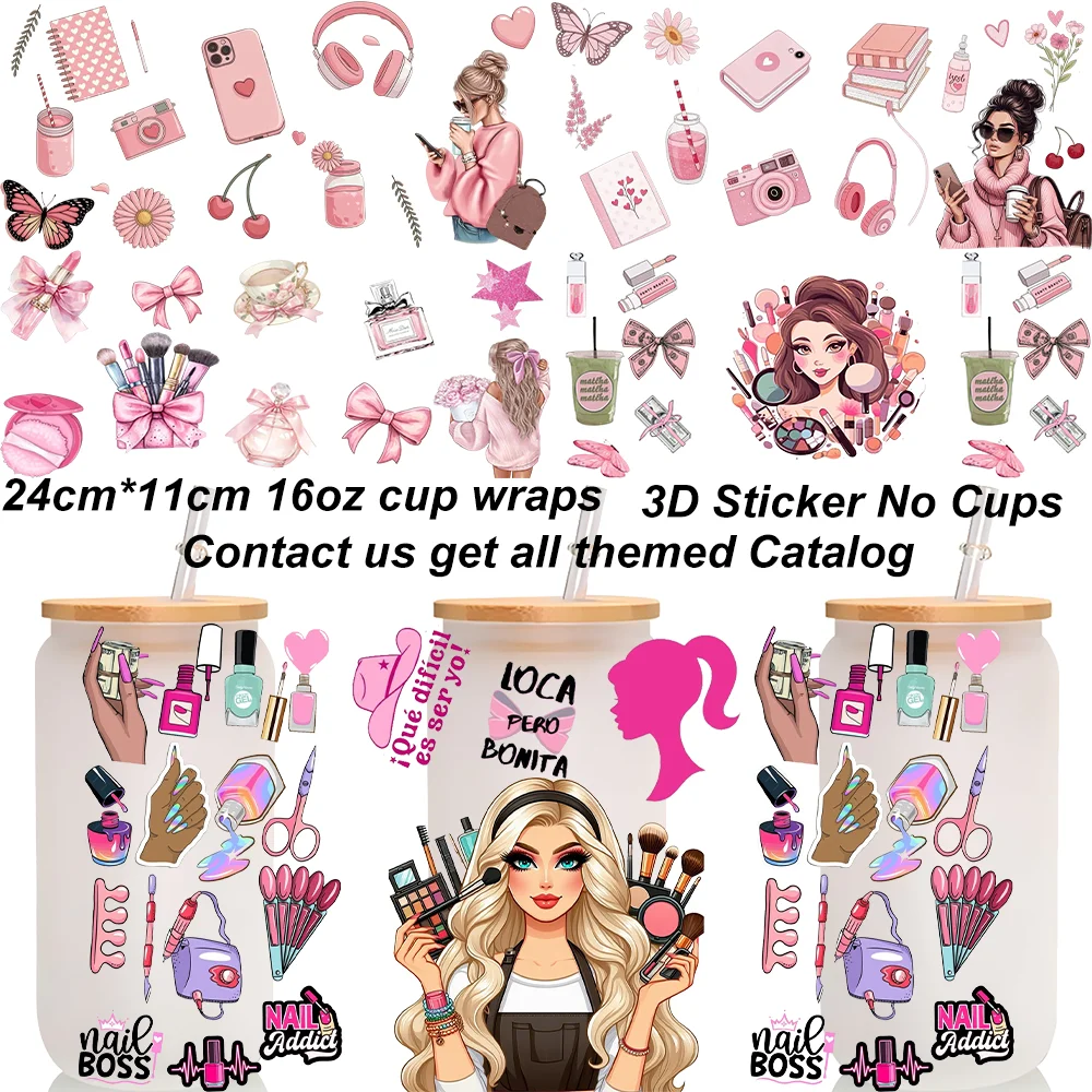 Makeup Themed Uv Dtf Cup Wraps Waterproof Sticker For 16oz Libbey Cup DIY Decals Gift Pink Girly Life 3D Self-adhesive Sticker