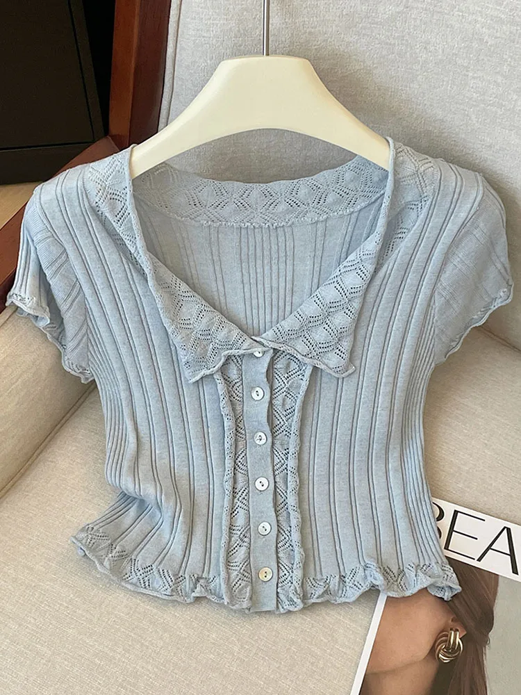 

Solid Elegant Stringy Selvedge Crop Top Women O-Neck Slim Knitted T-Shirts Autumn 2024 Fashion Sweet Short Sleeve Button Tees