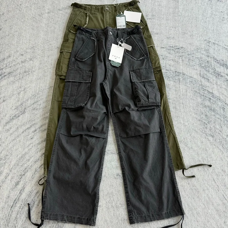 

American Streetwear Vintage Washed Multi Pockets Cargo Pants Men Women Gray Green Loose Straight Casual Trousers Work Pants