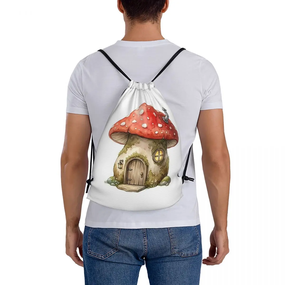 Whimsical Mushroom House Watercolor Backpacks Multi-function Drawstring Bags Storage Bag Book Bags for Travel Students