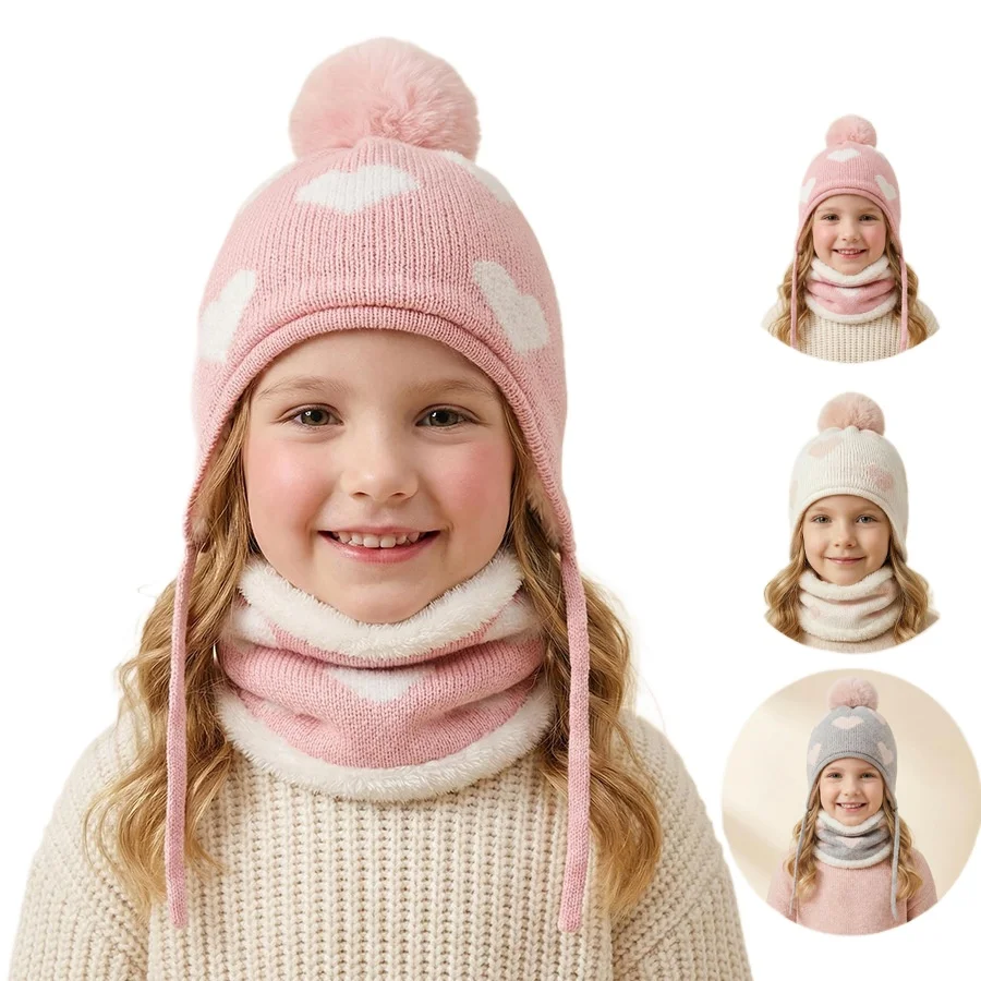 2pcs Kids Winter Knitted Beanie Scarf Set Heart Pattern Pom Pom Fleece Lined Earflap Ties Warm Thermal Windproof Outdoor