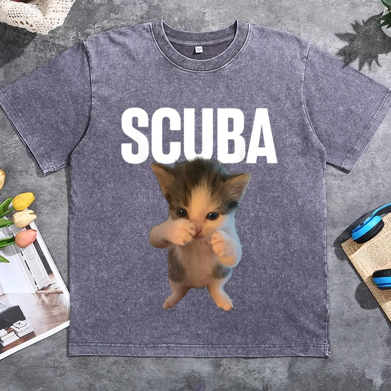 Lustiges Tanzendes Taucher-Katzen-Meme-T-Shirt für Männer und Frauen, Niedliches Tauchkatzen-Grafik-T-Shirt, Lässiges Vintage-Rundhals-T-Shirt – Detail 3
