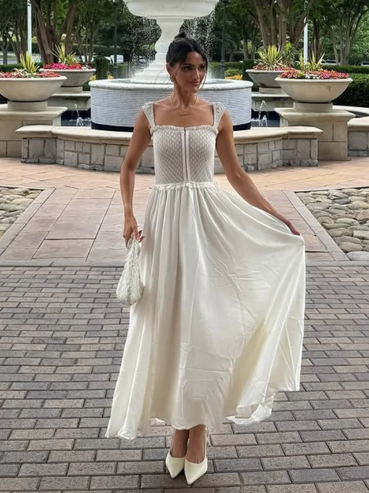 

Women White Patchwork Long Dress Casual Sleeveless High Waist Lotus Leaf Edge Ruffled Vestido 2025 New Summer Holiday Commute