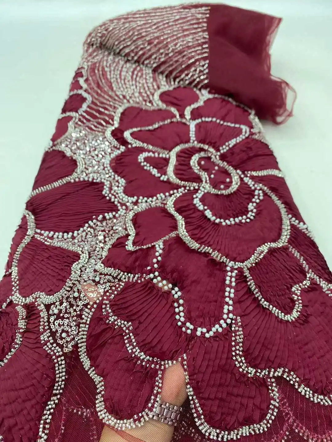 

African Luxury Beaded Tulle Lace Fabric 2025 Nigerian Handmade Heavy Sequins Lace Fabric Fro Bridal Wedding Dress Party Sewing