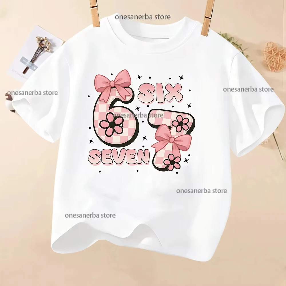 Kids Pink Bow Checkerboard SIX SEVEN Graphic T-Shirt, Soft Cotton, Cute Wear for Boys & Girlstk0109