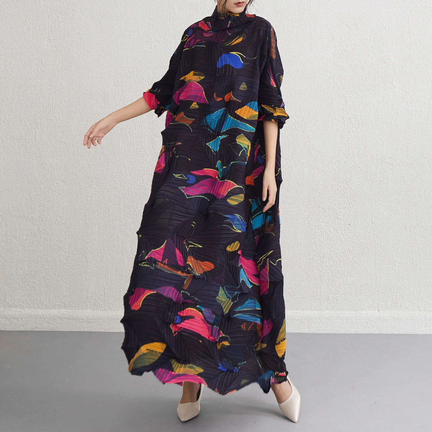 

plus Size Printed Long Dr Women's Autumn New Stage Square Dance Gathered Waist A-Line Skirt Briti Sle Polyester Fabric