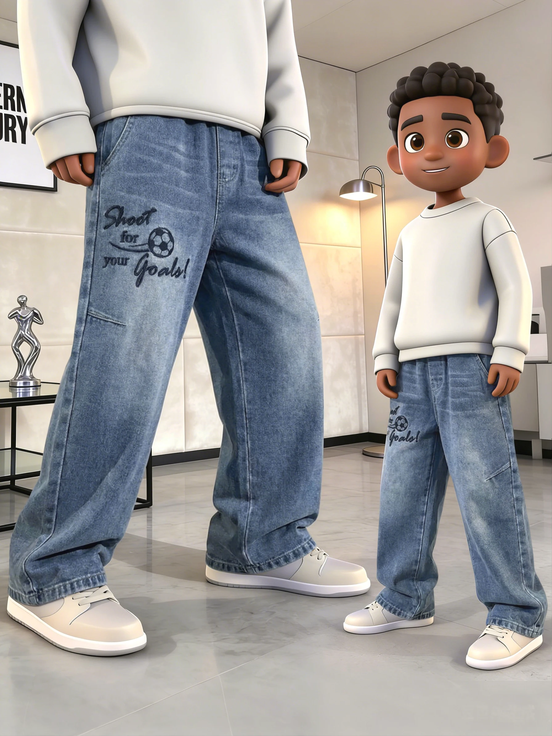 Original Design Boys' Jeans with Football Embroidery Slogans, Loose-Fitting Jeans, Boys' Inspirational Football Slogan Embroidered Straight-Leg Jeans, Trendy Embroidery, Children's Clothing Pants, Vintage Washed Casual Long Pants, Elastic Waist Comfortable Everyday Pants, Suitable for Daily Play and Outdoor Activities, for Little Football Enthusiasts