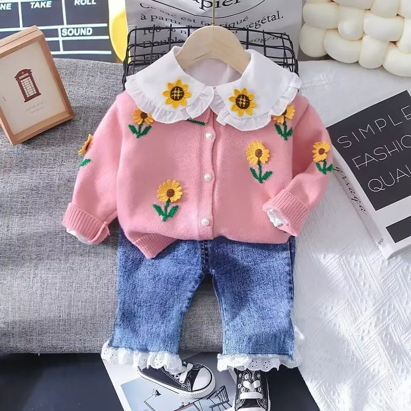 Girls Clothing Sets for Spring Autumn Kids Flower Long Sleeve Cotton sweater cardigan and Pants 2 Pcs Suit