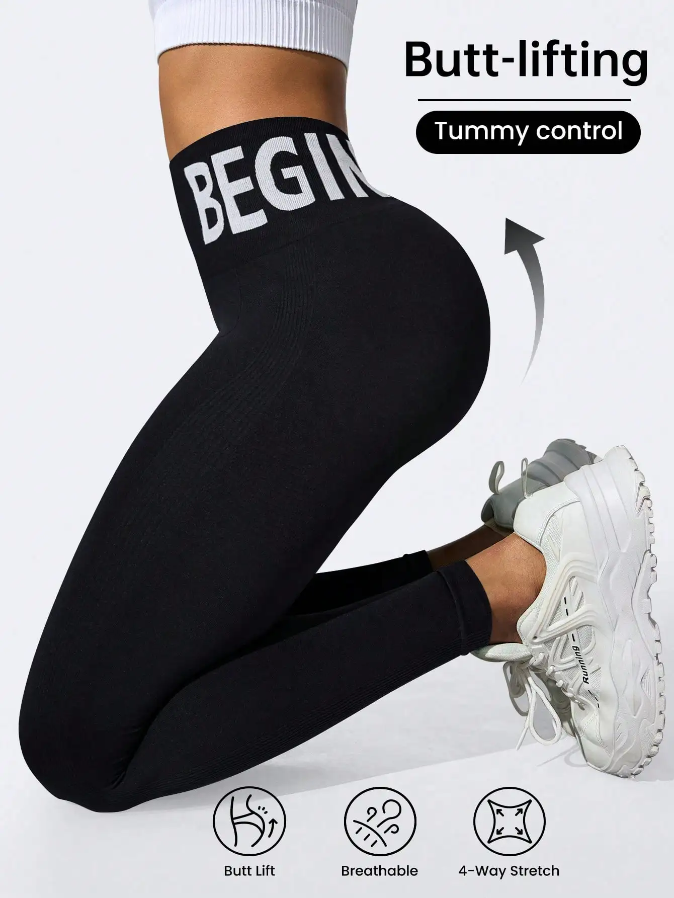 Leggings de yoga sans couture européens et américains avec lettrage de ceinture, collants respirants pour femmes à séchage rapide pour le rehaussement des fesses pour les pois