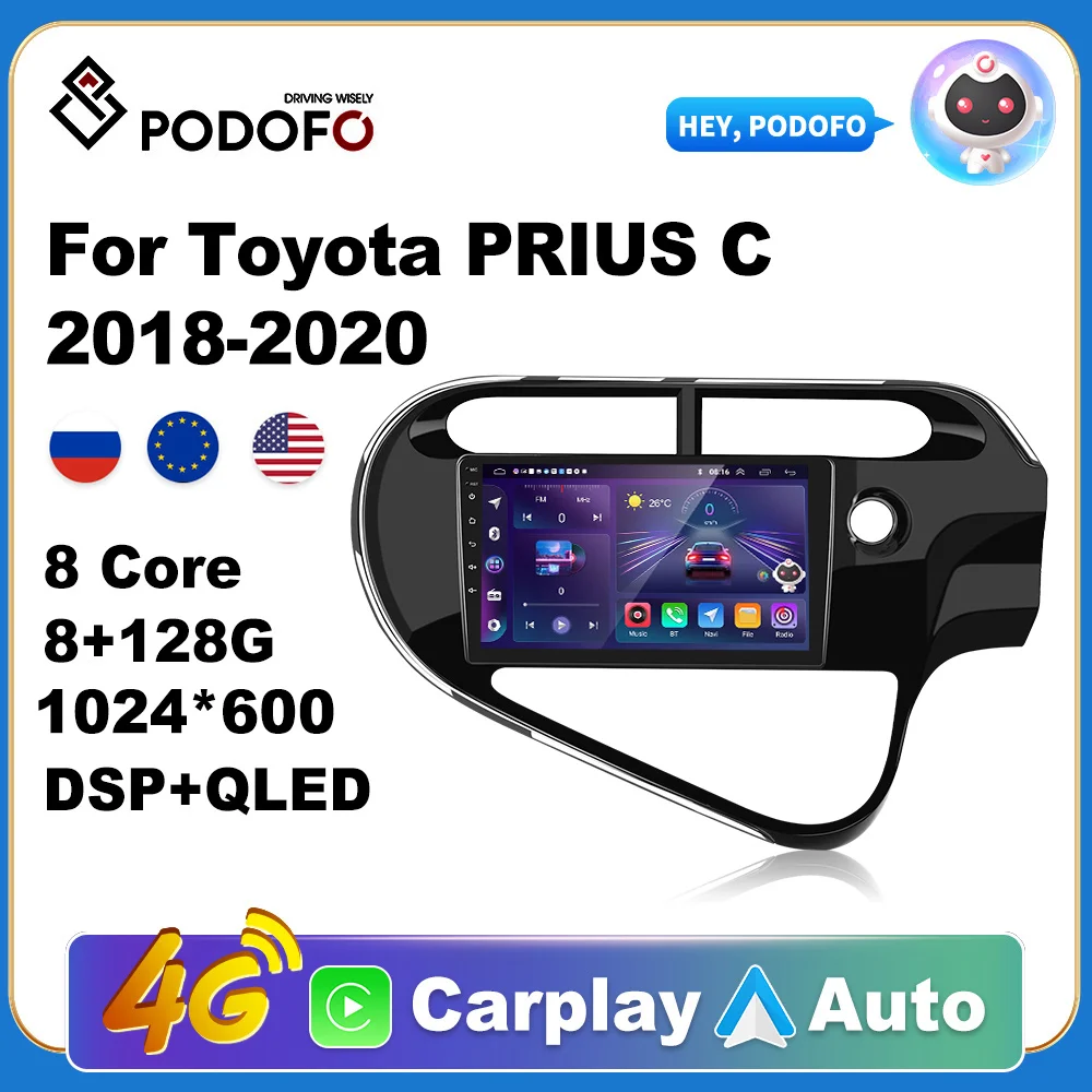 Podofo Wireless CarPlay Andorid Auto Car Radio For For Toyota Prius C 2018-2020 AI Voice Multimedia GPS 2din autoradio