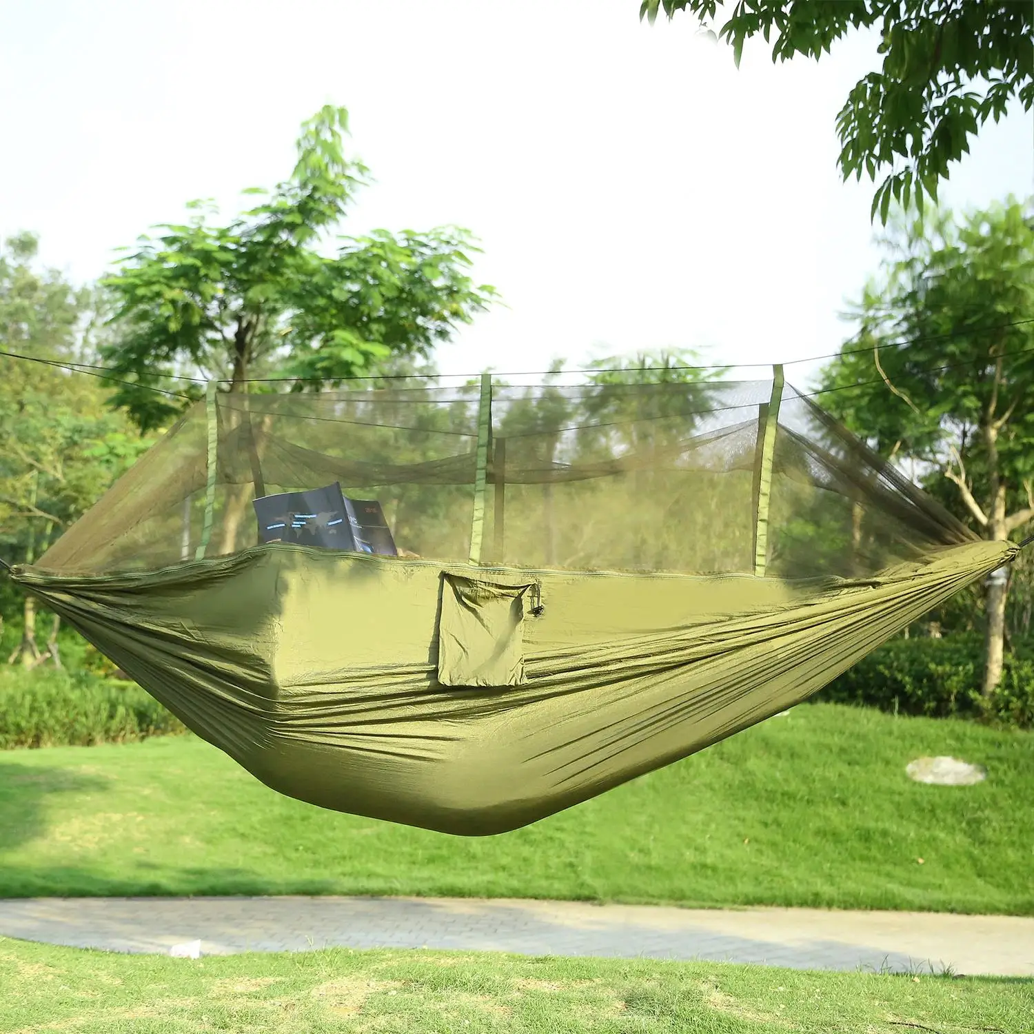 Portable Double Camping Hammock with Mosquito Net - 600lbs Capacity, Nylon Hanging Bed for 2, Includes Strap & Carry Bag