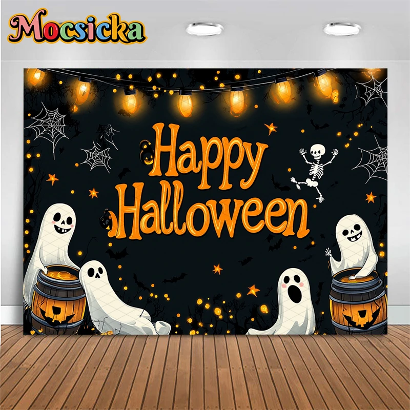 Mocsicka Happy Halloween Background For Photography Pumpkin Ghost Baby Photo Backdrop Spider Web Bat Beer Cheers Decor Wallpaper