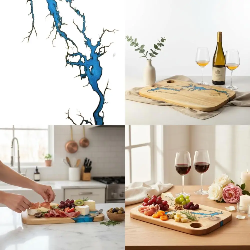 

Handcrafted 16x10.5 Blue Acacia Fractal Lightning Charcuterie Board Serving Tray