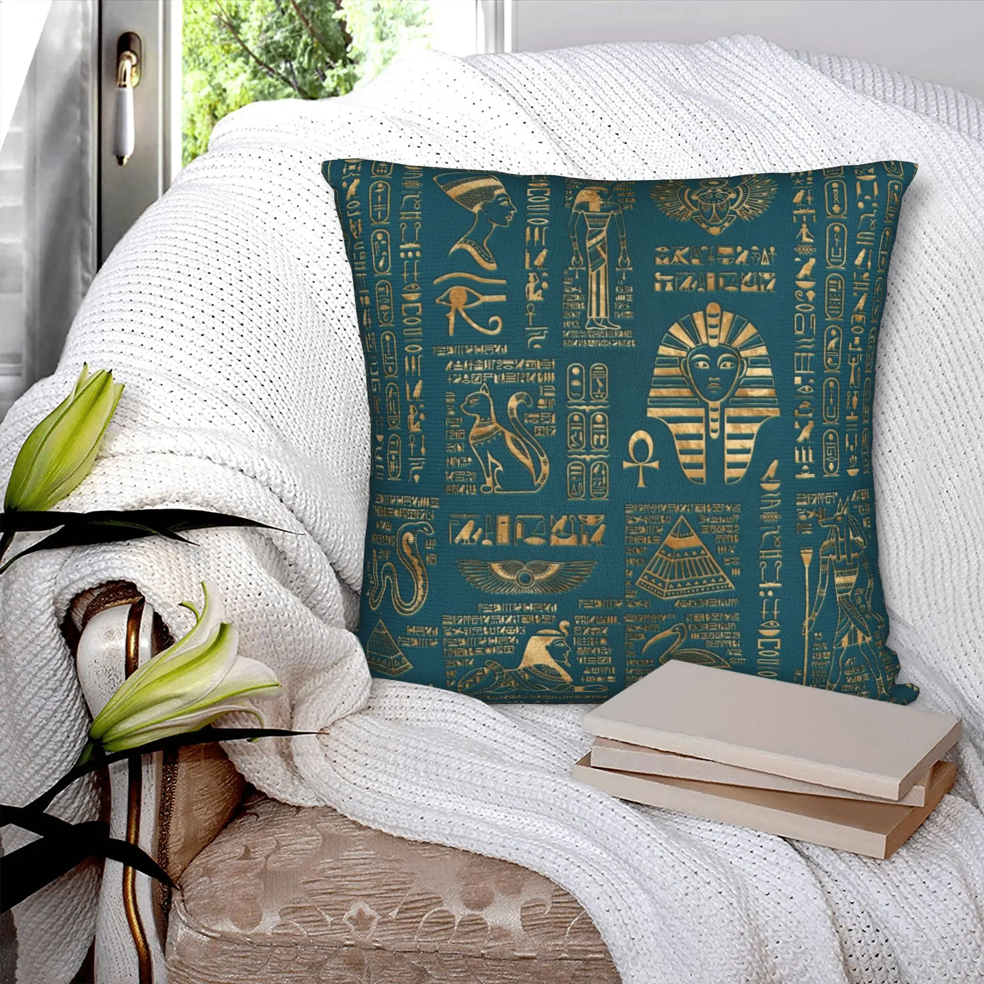 Modern Egyptian Hieroglyphs And Deities Sofa Cushion Cover Velvet Ancient Egypt Pharaoh Pillow Case Bedroom Decoration