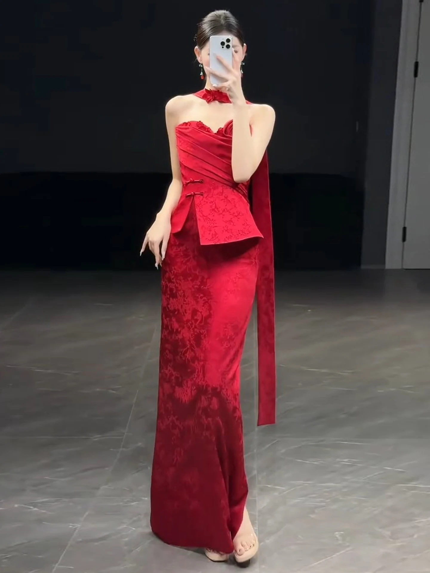 Red New Chinese Style Morning Robe Women's Strapless Vintage Waist-Cinching Wedding Reception Suit Return Visit Thank You Ban...