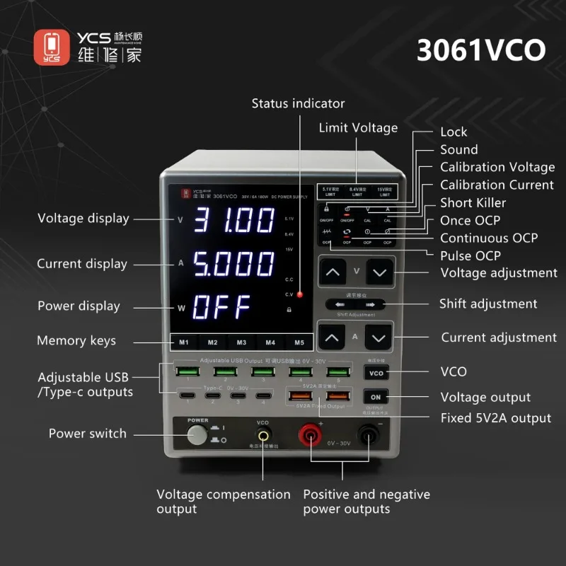 YCS 2025 Newest 3061 VCO OCP DC Adjustable Laboratory Power Supply 30V 6A Output Switch USB-A TYPE-C Port Fast Charging view 4