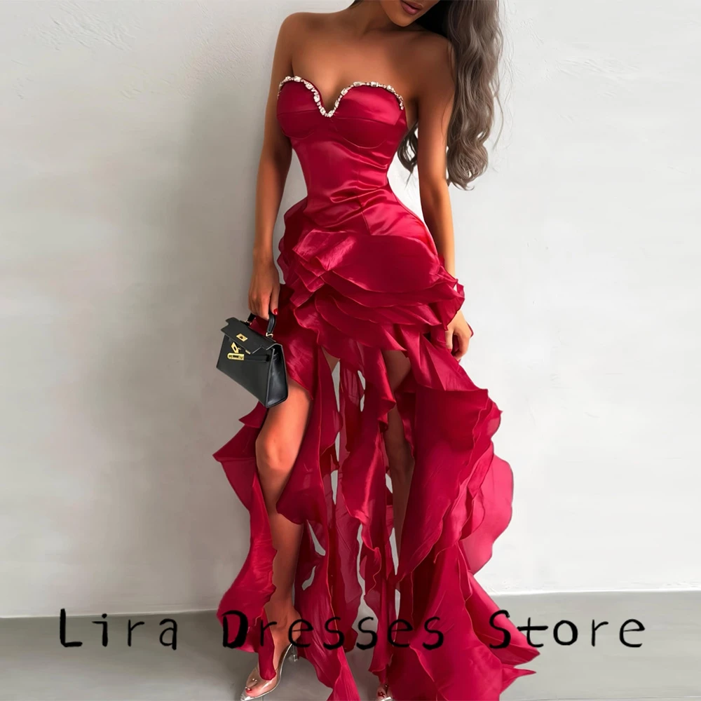 

Sweetheart Sleeveless Evening Dress Customized Delicate Crystal Burgundy Celebrity Gowns A-Line Elegant Zipper Back Party Dress