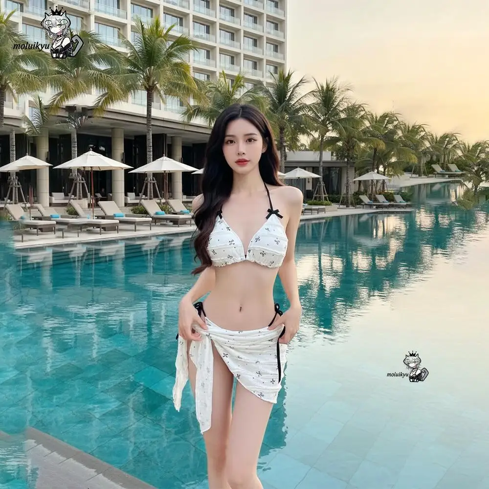 3Pcs Bikini Set Swimsuit Quick Dry Fashion Halter Bow Hanging Neck Tie Print Wrap Skirt Swimwear French Style Women Beachwear