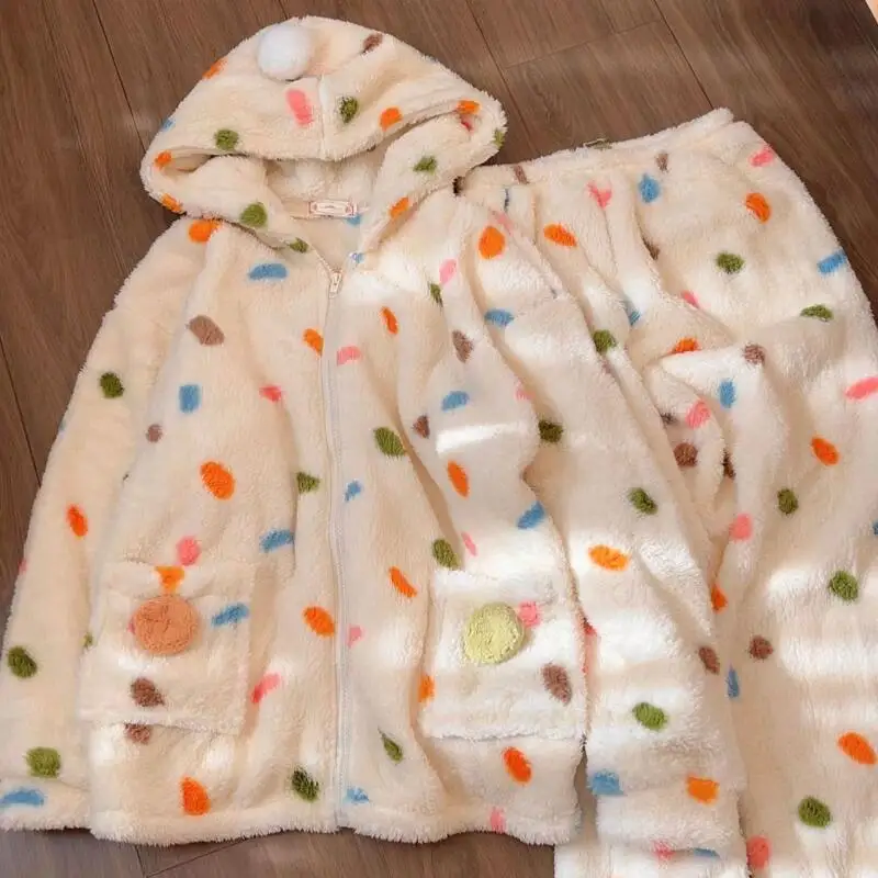 

Hot Coral Fleece Hooded Pajamas Kawaii Autumn and Winter Thicken Keep Warm Loose Leisure Homewear Suit Dopamine New Style Yrk