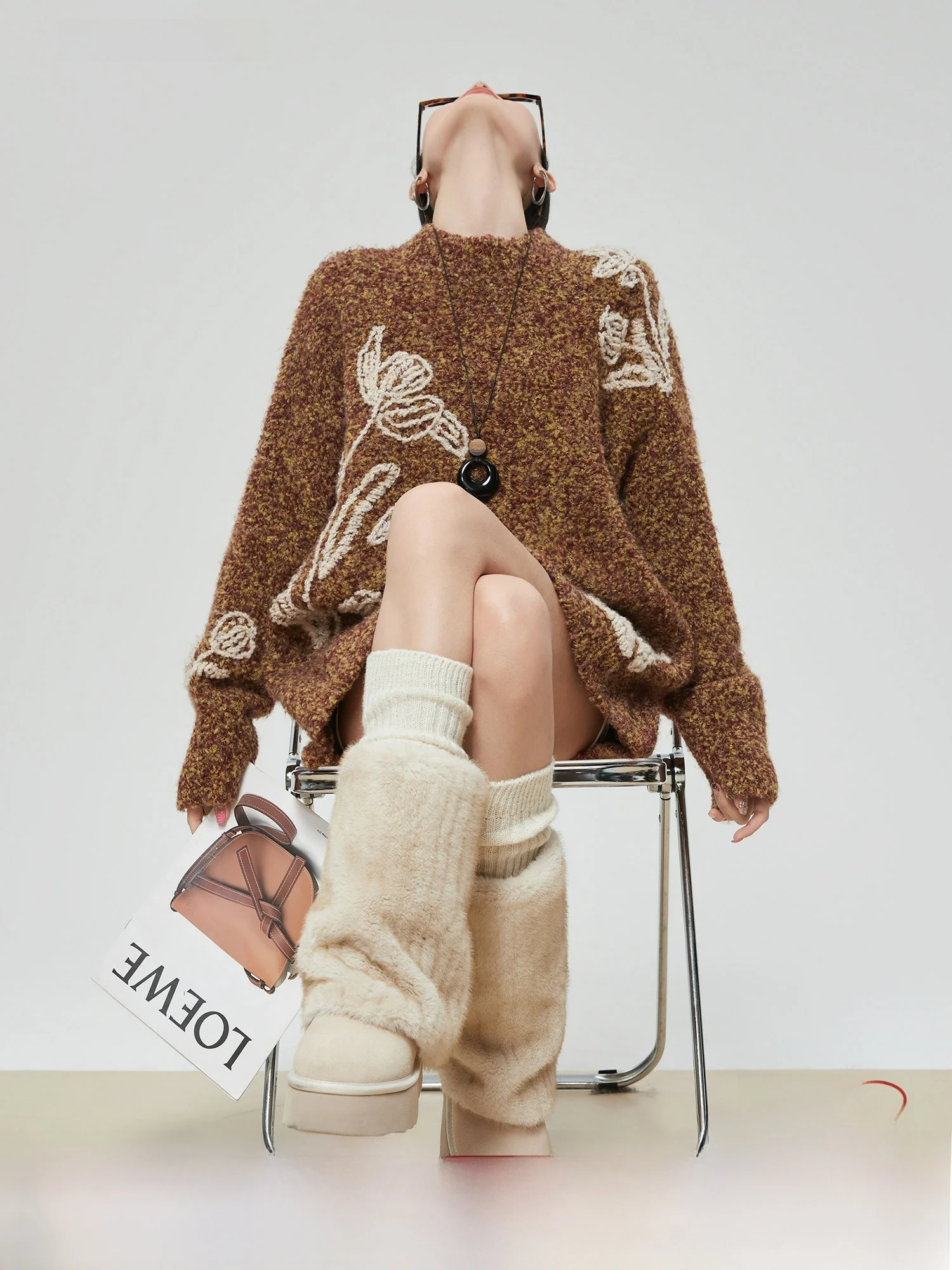 

Вязаный свитер с круглым вырезом для женщин, винтажный, с эффектом люкс, с вышивкой цветов, вязаный воротник, модный топ