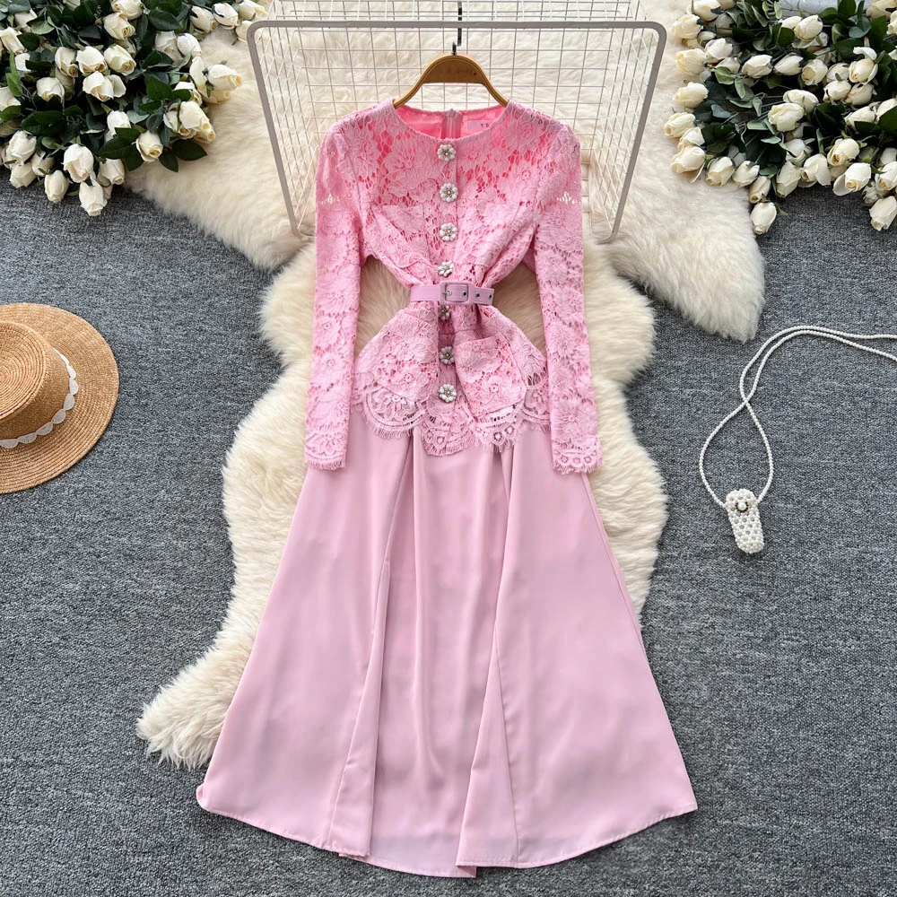 Chic vintage lace long sleeve rhinestone slim Elegant Fairy korean fashion Boho Sundress women clothing Long dress
