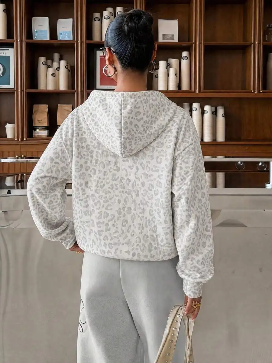 Women's Autumn Winter Leopard Print Long Sleeve Hooded Pullover Sweatshirt