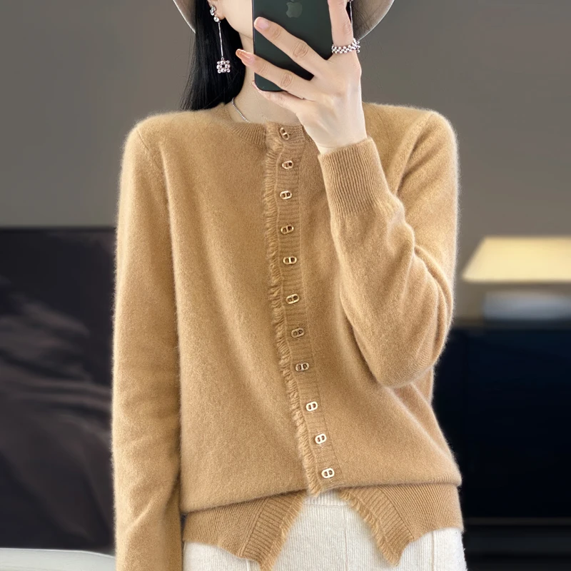 Women Autumn Winter 100% Merino Wool Sweater Round Neck Knitted Tassel Edge Cardigan Female Multi Buckles Coat Casual Soft Tops