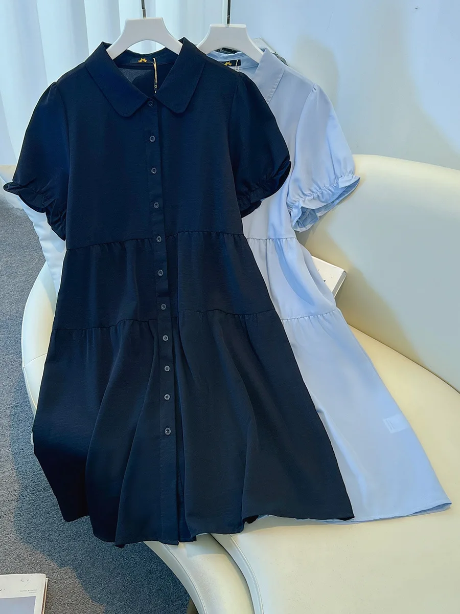 

150Kg Plus Size Women's Bust 151 Summer Loose Short Sleeved Lapel Shirt Dress Black Blue 5XL 6XL 7XL 8XL 9XL