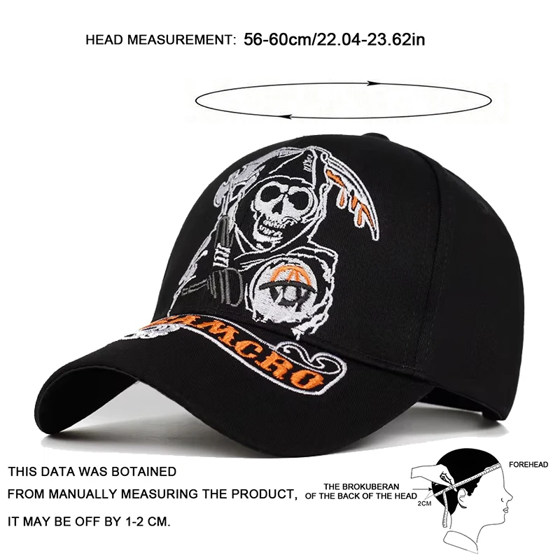 SAMCRO Baseballkappe SOA Sons of Anarchy Totenkopf-Stickerei, lässige Snapback-Mütze, modische, hochwertige Renn- und Motorrad-Sportmütze – Detail 8