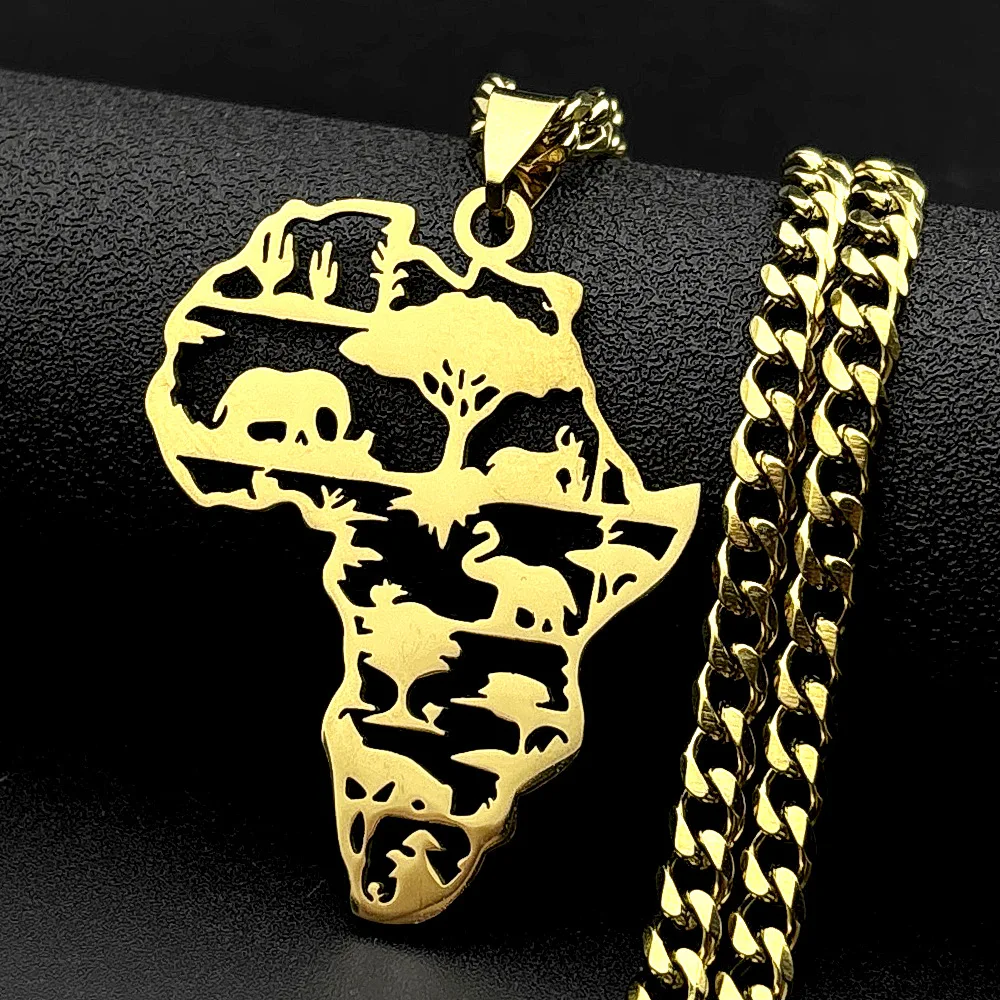 New style hip-hop African map necklace featuring flag totem symbols, animal designs including elephant, lion and giraffe, pendan