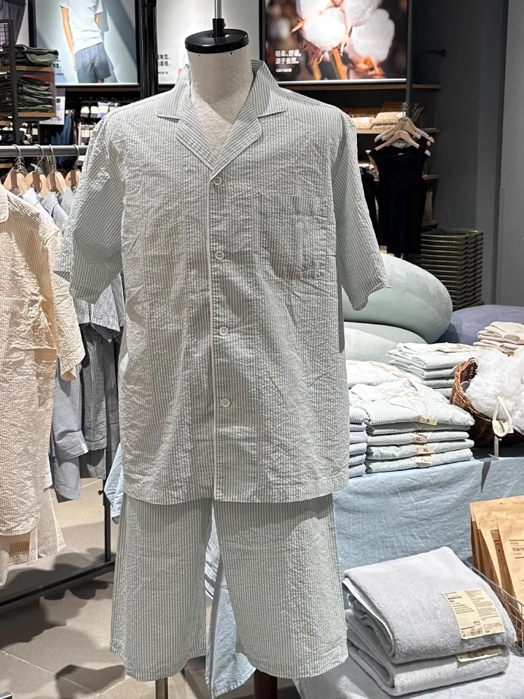 japanese-style-bubble-cotton-sleepwear-short-sleeve-unisex-home-clothes-breathable-pure-cotton-couples-home-suit-summer