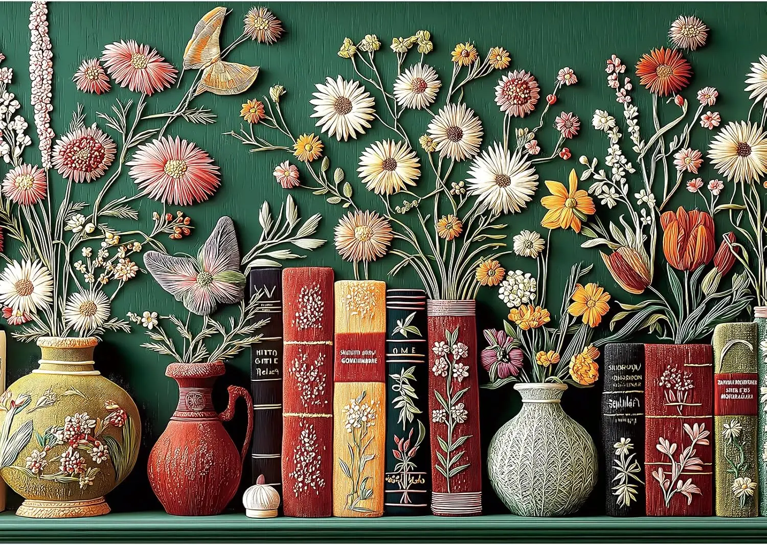 

1000 Piece Jigsaw Puzzle for Adults - 3D Embossed Floral Bookshelf Vase Butterfly, 27.5x19.7in with Letters on Back & Poster
