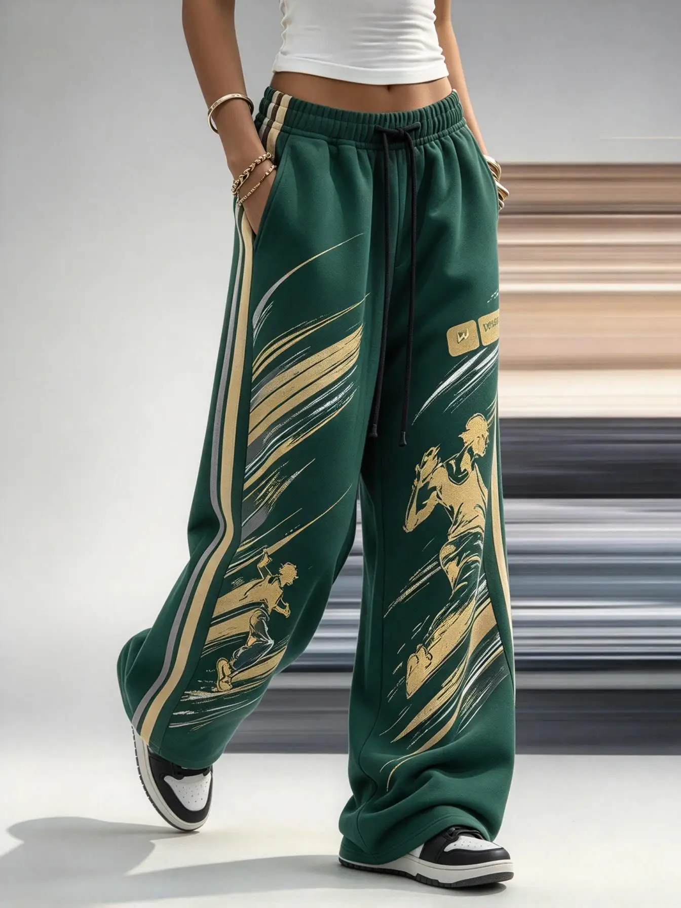 Ladies Low Rise Wide Leg Sweatpants Side Contrast Stripe Skater Character Graphic Loose Hip Hop Streetwear Pants