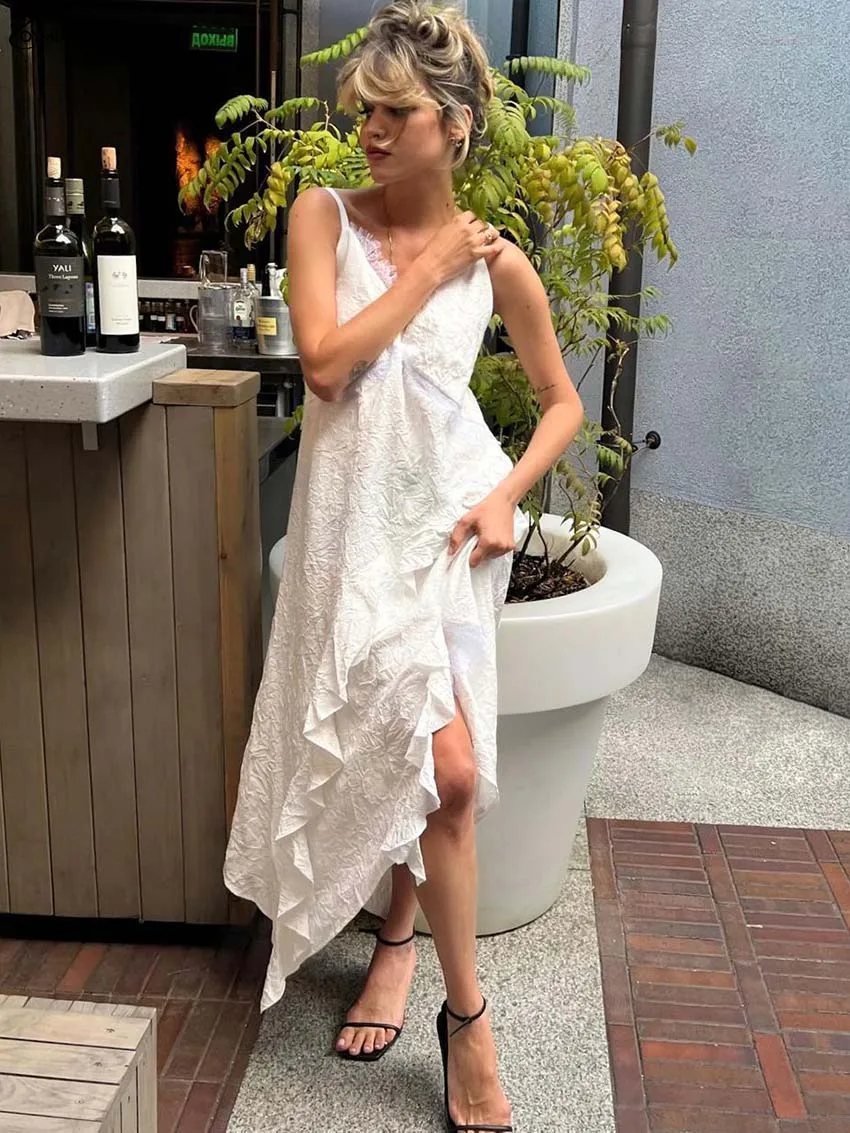 فساتين Oymimi أنيقة من الدانتيل الأبيض 2025 فساتين نسائية غير رسمية بحزام سباغيتي مفتوحة الظهر فستان صيفي مكشكش برباط ملابس خروج #3