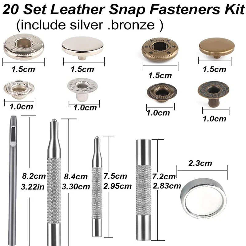 LMDZ-Leather Snap Fasteners Kit, Pressione o botão de Metal Stud, Snaps com martelo, Ferramentas de instalação, DIY Leather Craft Project