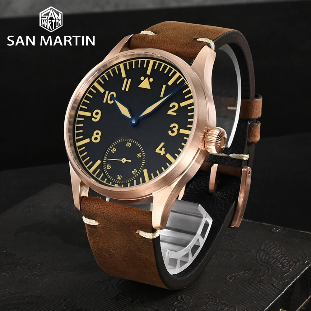 Imagem -03 - San Martin-relógio Pilot Bronze Masculino Nh35 Automático Mecânico Militar Simples Sapphire 10bar Couro 41 mm Personalizado 8