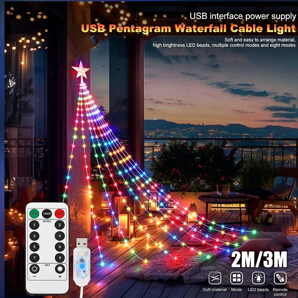 2/3M USB Waterproof LED Christmas Fairy String Lights 8 Light Modes Romantic Lamps for Patio Garden Xmas Tree Holiday Home Decor