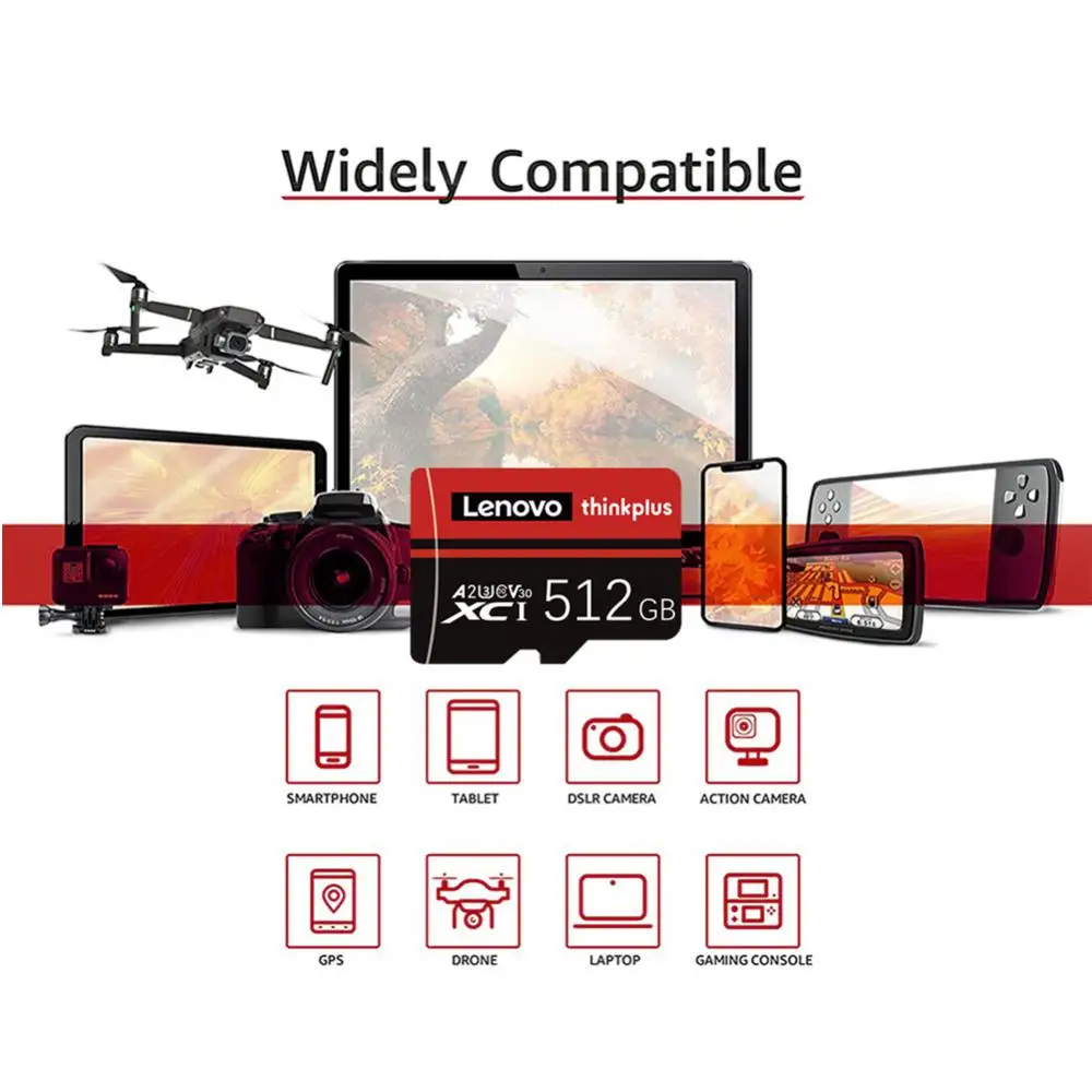 Lenovo-tarjeta Micro TF para Dron, dispositivo de 2TB, 512GB, alta velocidad, Clase 10, 4K, ultra-hd, vídeo, A2, SD, Flash, 128GB