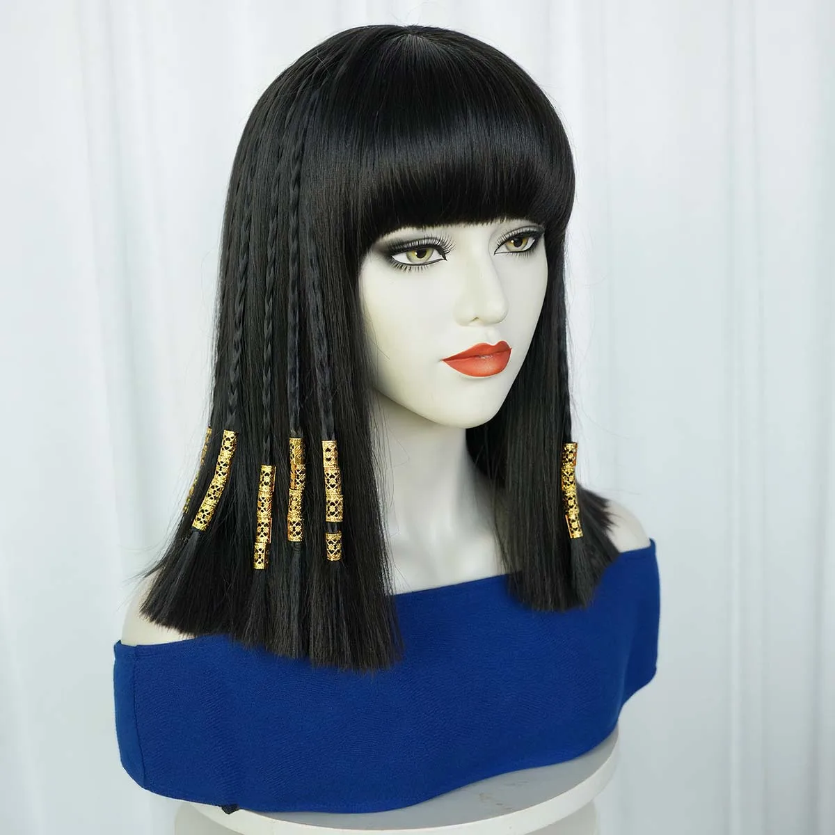 المرأة هالوين زي الدعائم المصرية كليوباترا تأثيري أسود قصير مستقيم بوب شعر مستعار مع ثعبان خوذة