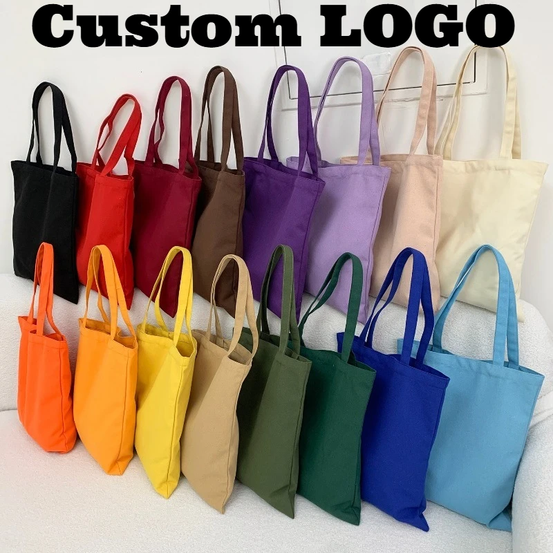 Custom Printed Logo Colorful Blank Canvas Tote Bag Large Capacity Foldable Eco-friendly Shoulder Shopping Bags for Women