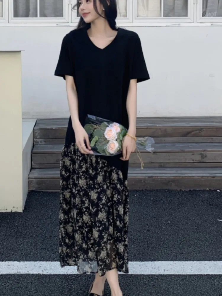 فستان نسائي كوري صيفي جديد من فيستدوس رداء Elbise فضفاض مقاس كبير مرقع قطعتين مزيفين بأكمام قصيرة فستان طويل