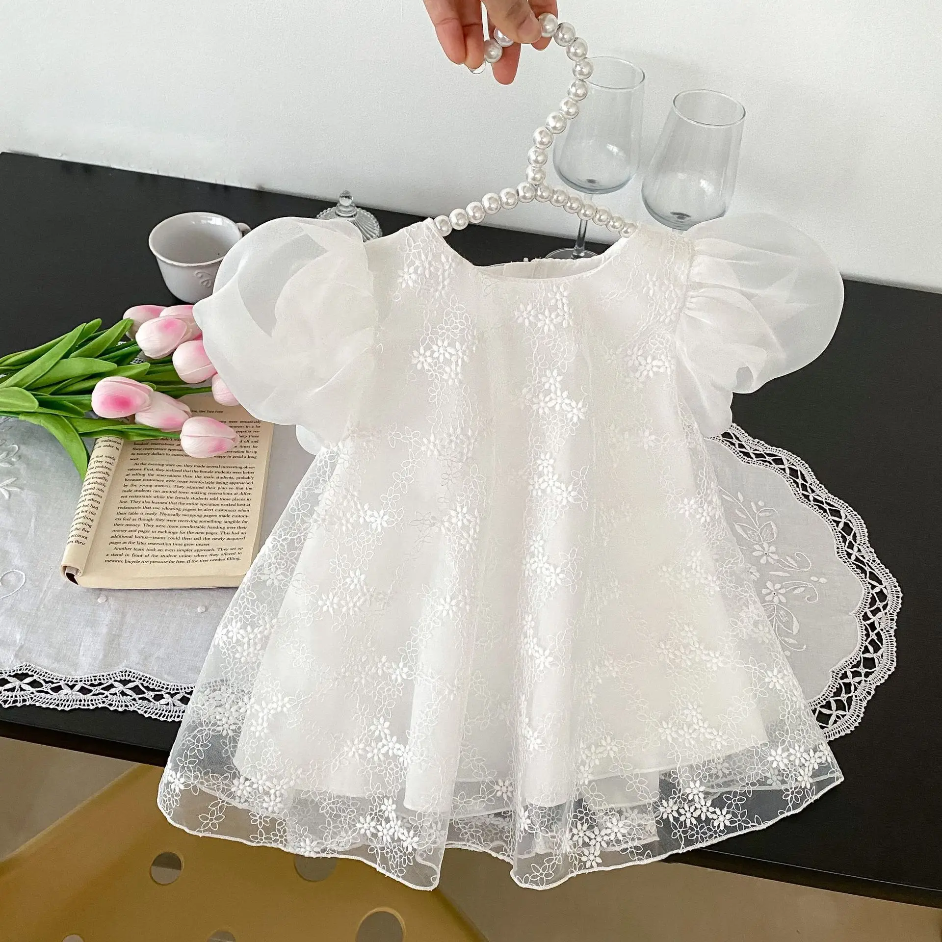 Girls Casual Dresses Summer Girls Round Neck Knee Length Solid Princess Bubble Short Sleeve Cotton Printed Lace