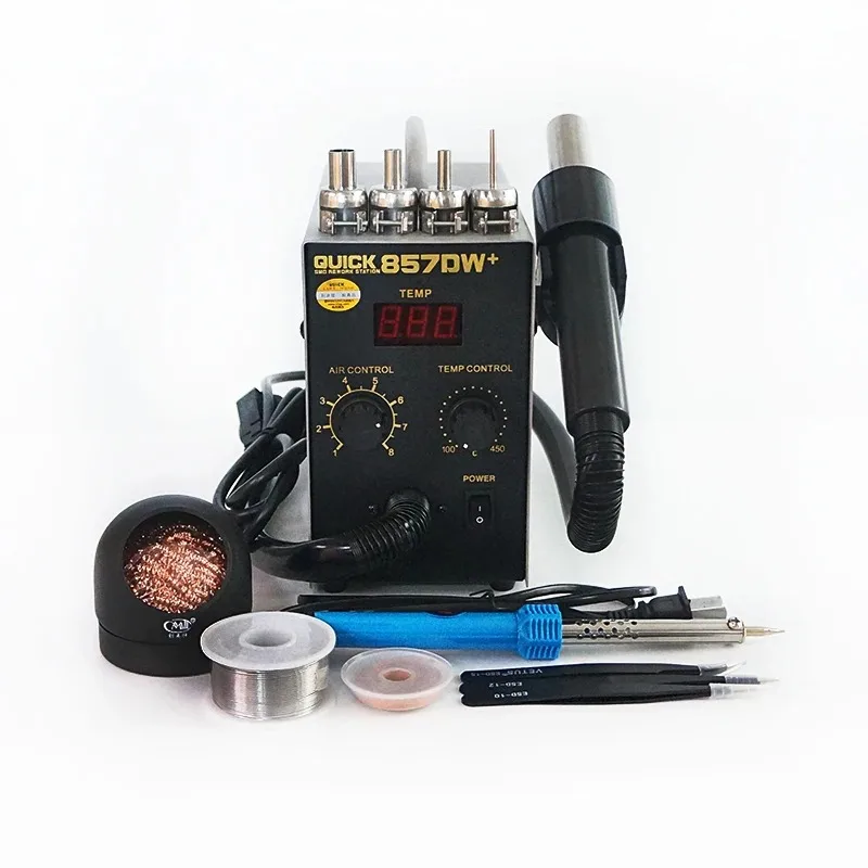 QUICK 857DW Soldering Station SMD SMT Electric Soldering Iron 40W 0.6mm Solder Wire Desoldering Wick ESD Tweezer Solder Tools