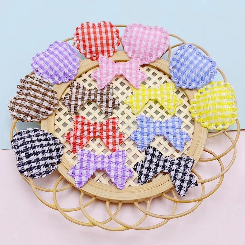 70Pcs Lattice Fabric Heart Bowknot Padded  Appliques For DIY Hair Clip Accessories Garment Headwear Decor Patches