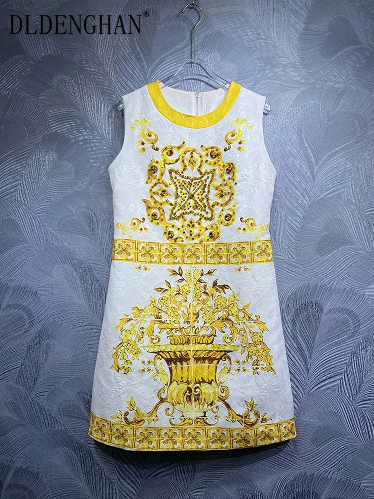 

DLDENGHAN Summer Tank Dress Women's O-Neck Sleeveless Crystal Diamonds Vintage Print Dresses Fashion Designer New