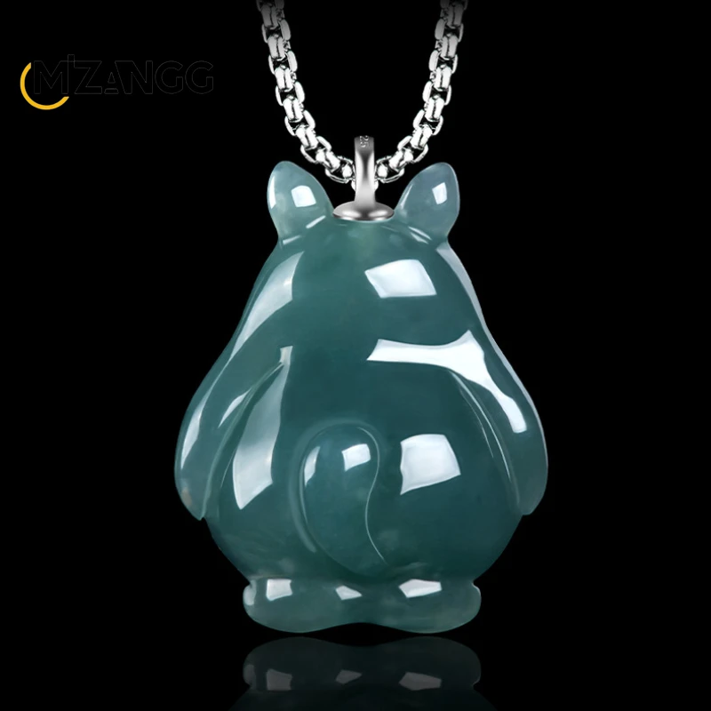 Authentic Natural Jadeite Blue Water Stereoscopic Totoro Pendant Beautifully Carved Ice Cute Fashion Necklace for Men and Women